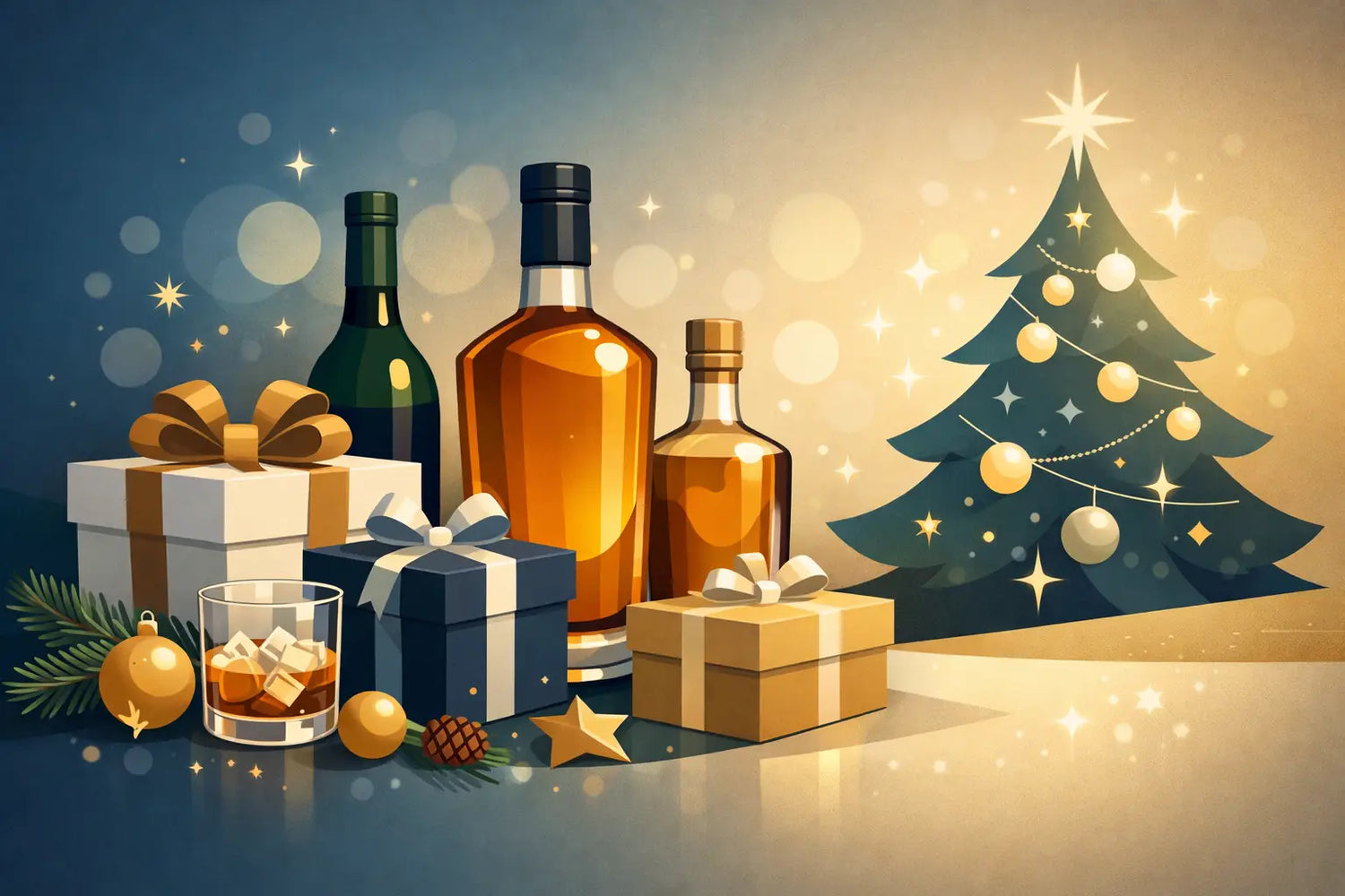 Weihnachtsgeschenke mit Spirituosen, die glänzen